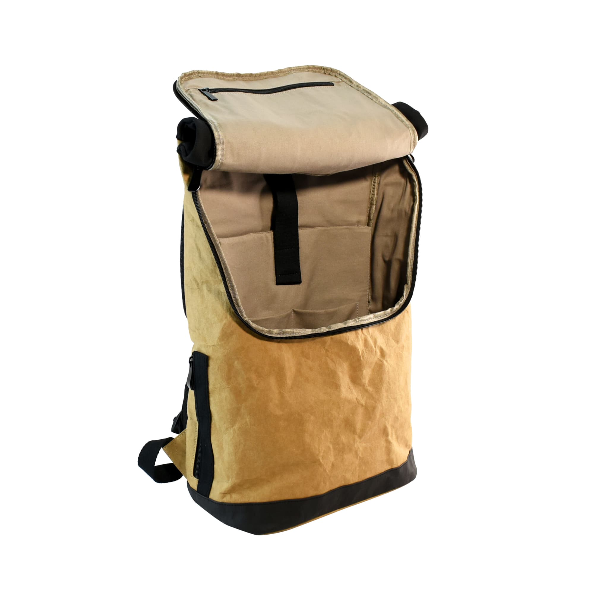 A tan and black village kraft paper laptop backpack with an adjustable roll-top and front pocket. Features a logo.