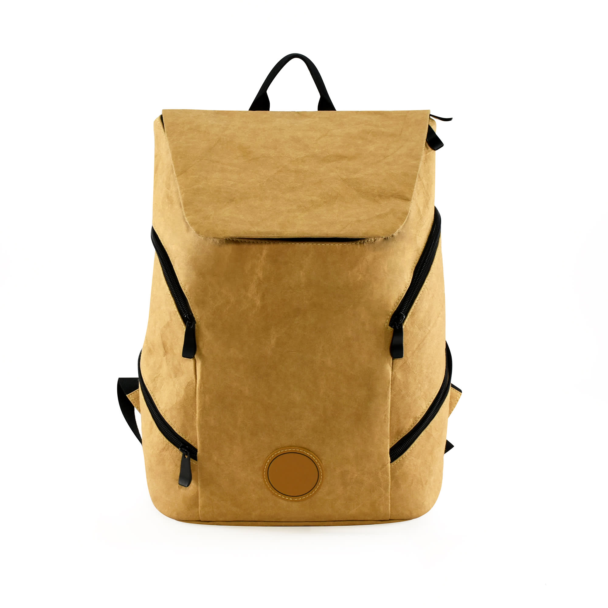 A tan kraft paper laptop backpack featuring black zippers and straps, with a circular branding logo on the front.