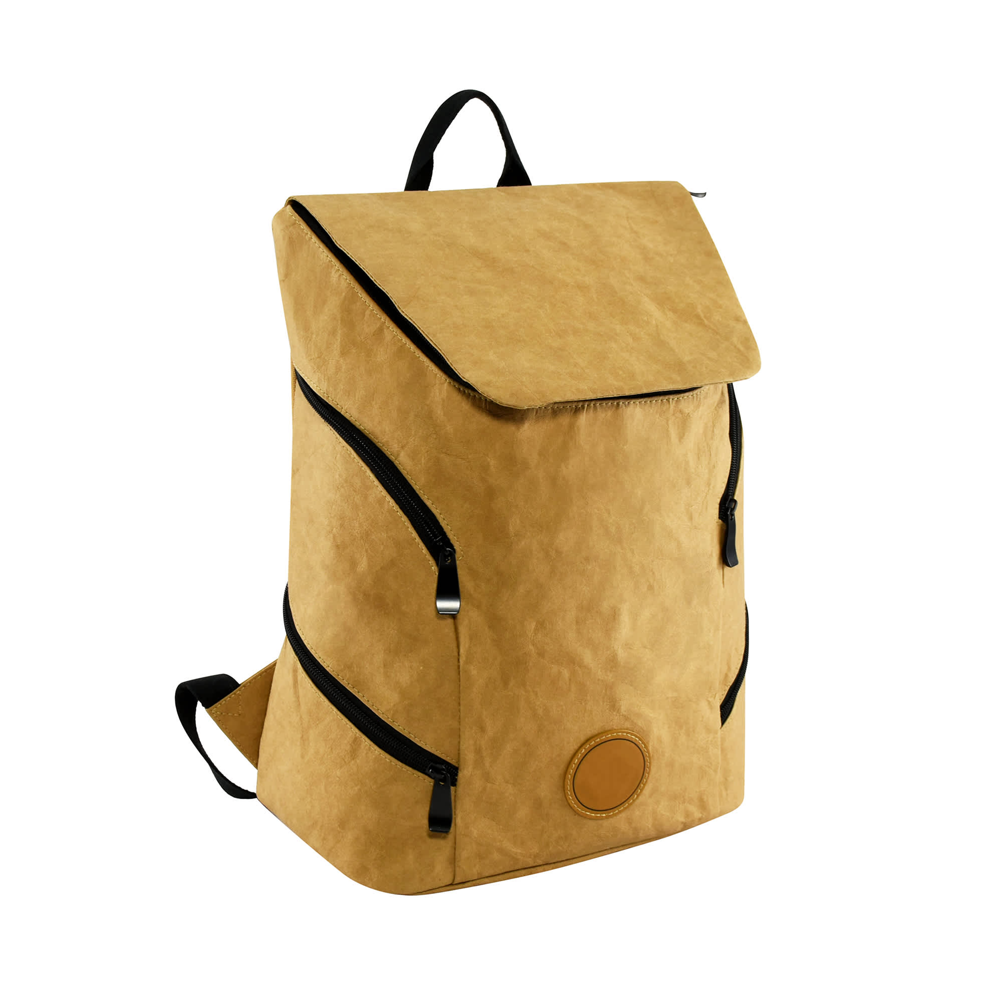 A tan Kraft paper laptop backpack with a fold-over flap and black zippers. It features a logo on the front.