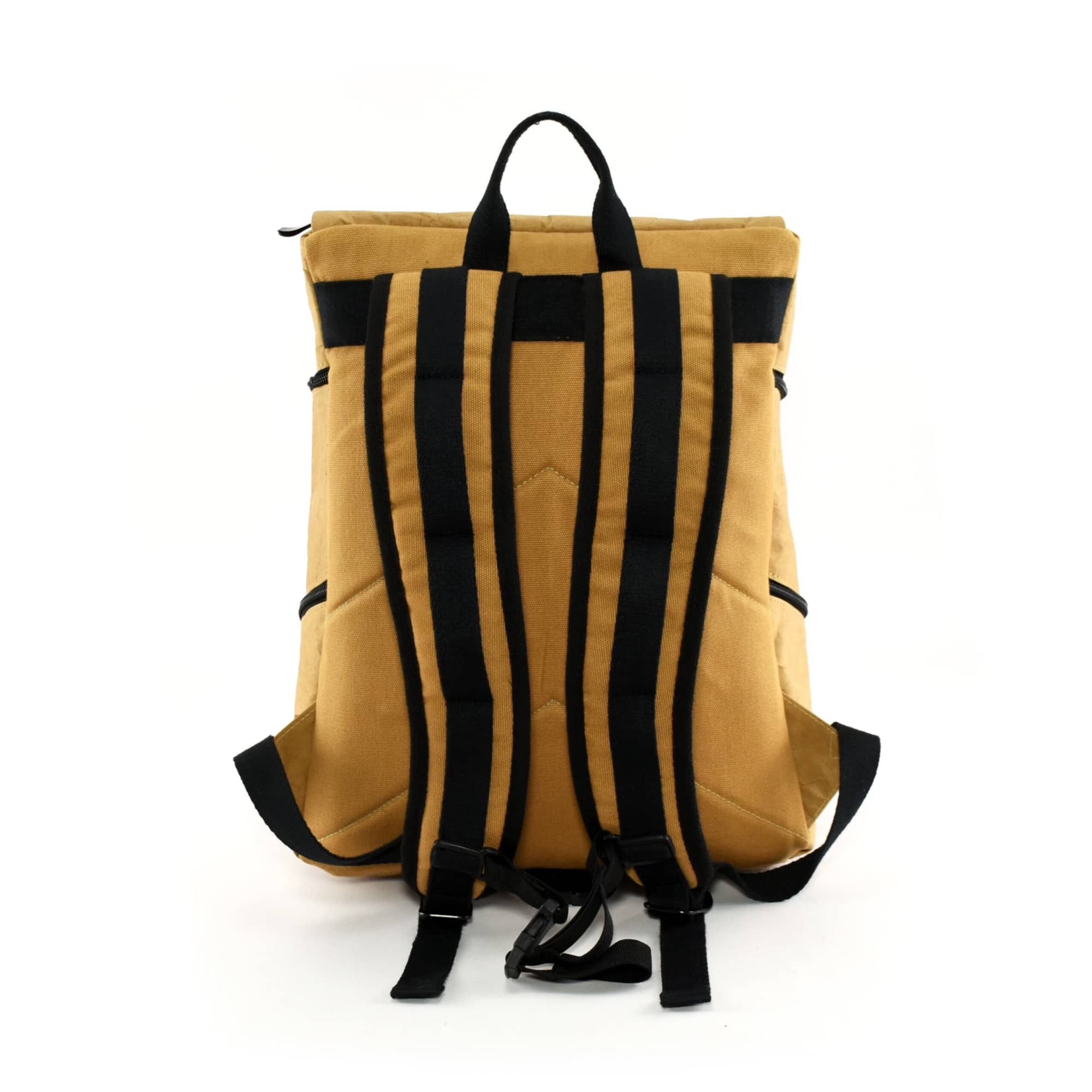 A brown laptop backpack with black straps and detailing, featuring a top handle and multiple storage pockets.