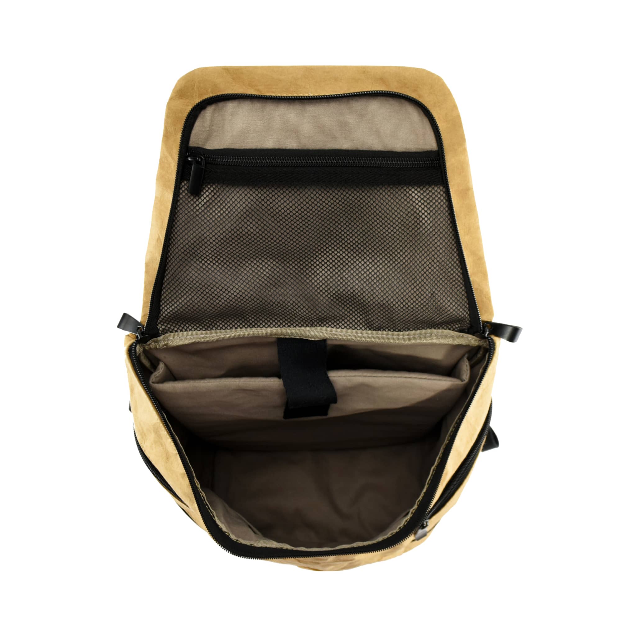 A tan laptop backpack with a spacious interior, featuring compartments and a mesh pocket inside. It has a logo.