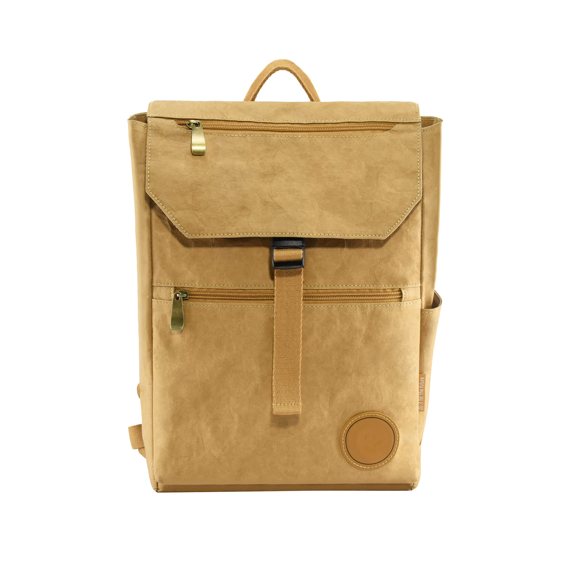A tan Kraft paper laptop backpack featuring a front zip pocket and a side pocket, with a circular branding tag.