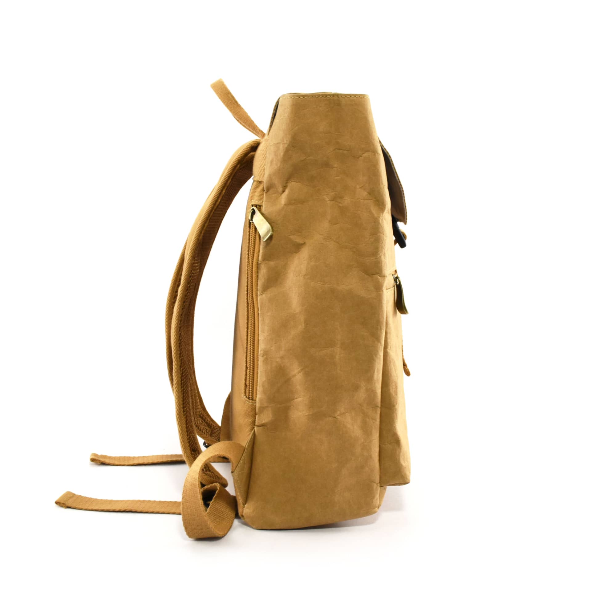 A tan Kraft paper laptop backpack with adjustable straps and a zippered side pocket. It has a minimalist design.