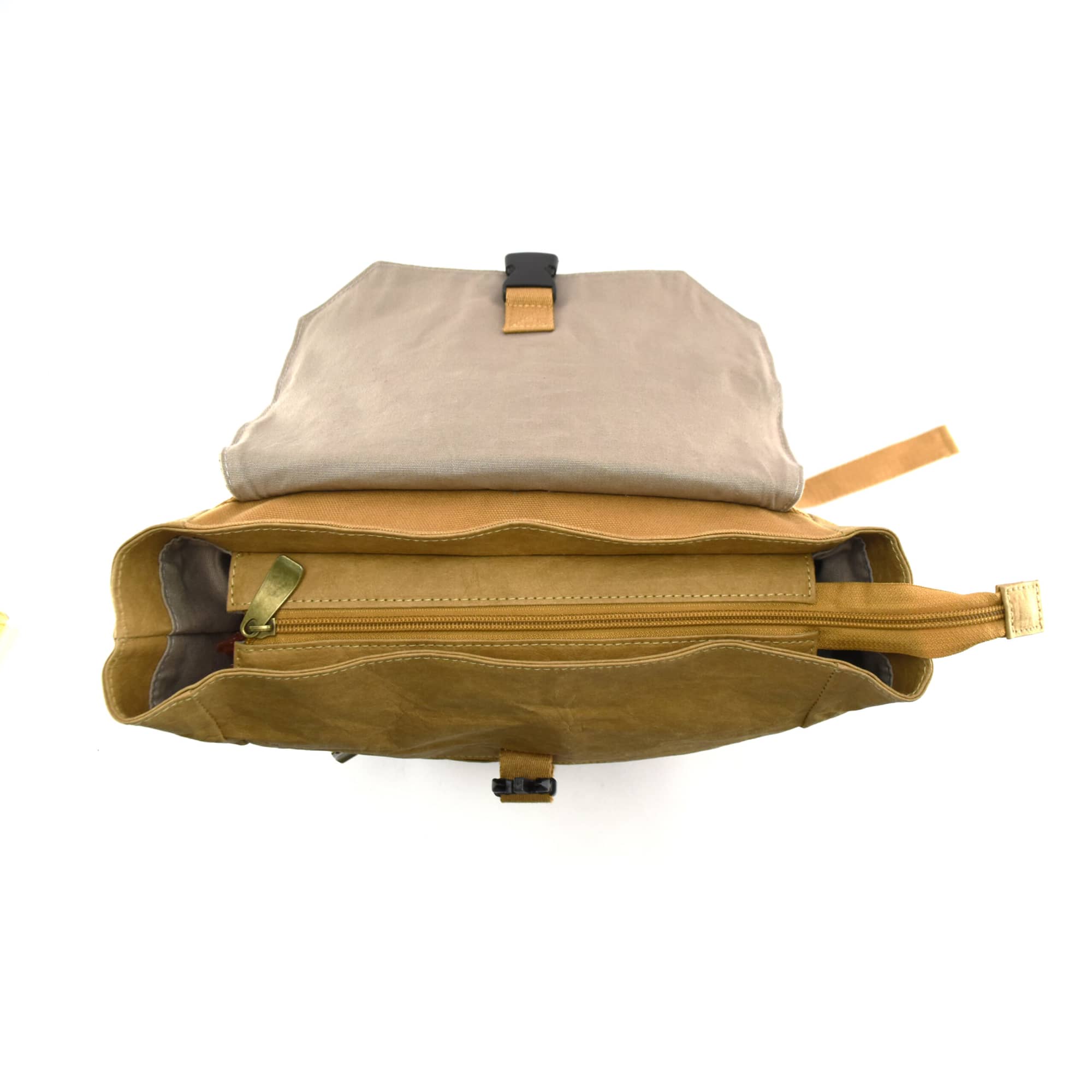 A brown kraft paper laptop backpack with a top flap and interior zip pocket, showcasing a spacious design.