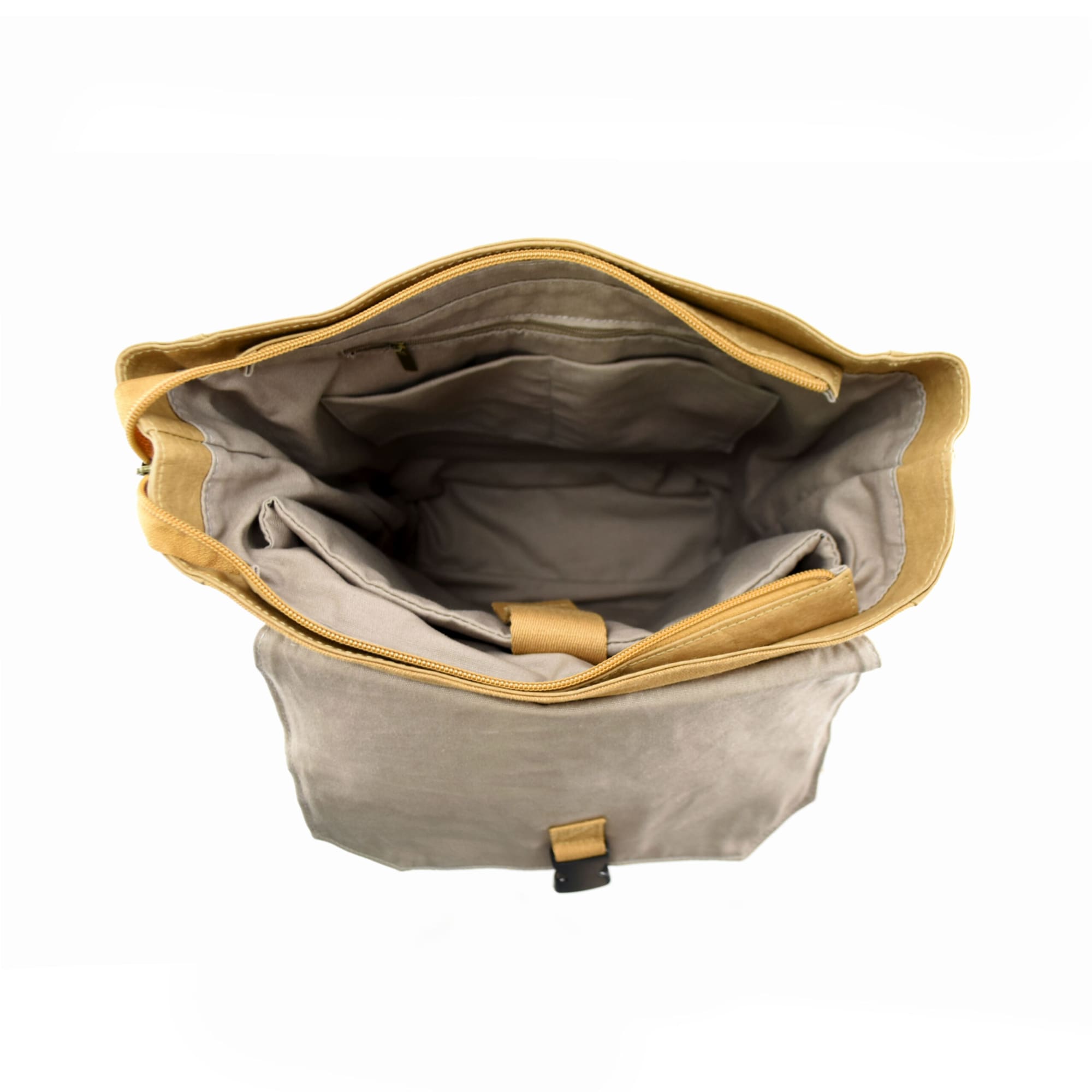 A tan and grey laptop backpack with multiple compartments and an interior lining. It features a strap and closure.