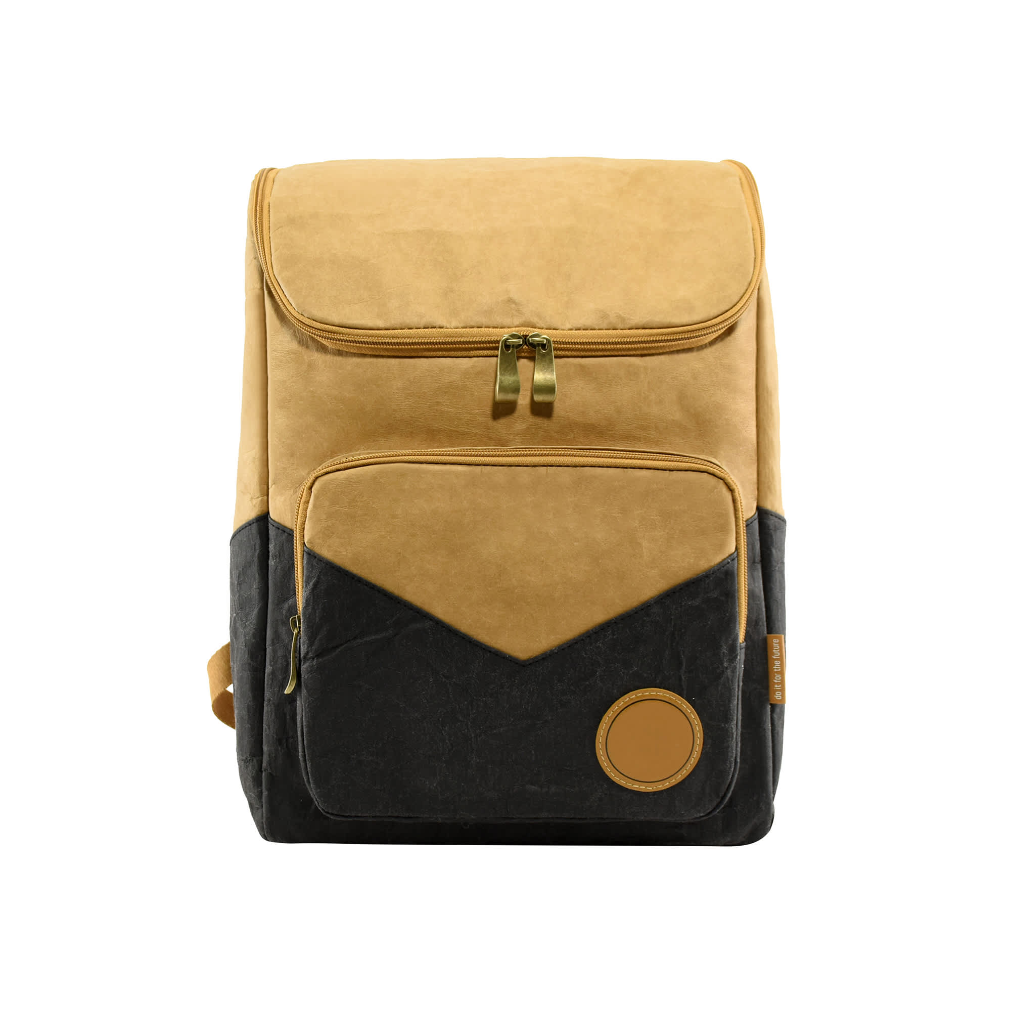 A laptop backpack in tan and dark grey with a front pocket and a round logo.