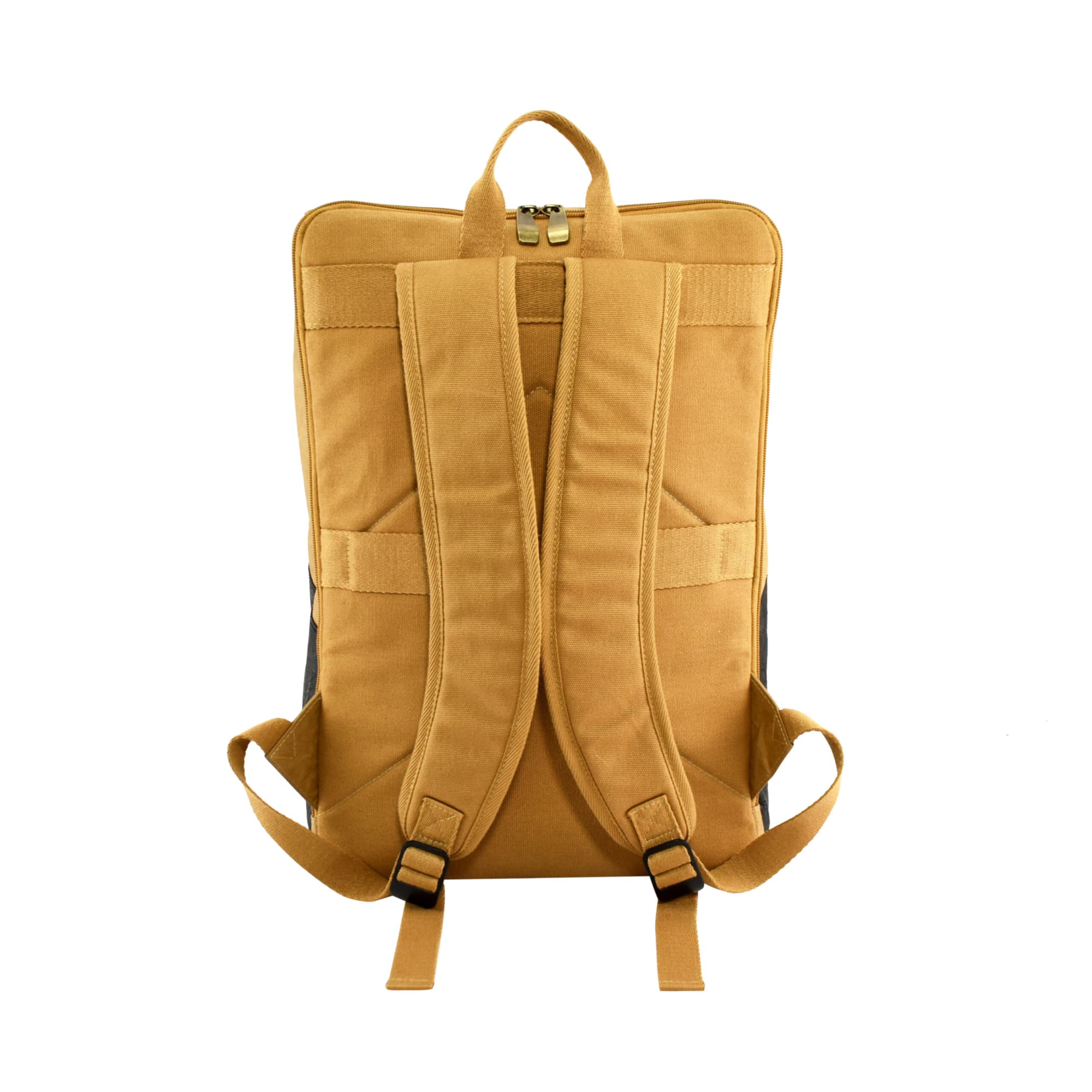 A yellow kraft paper laptop backpack with adjustable straps and a padded back panel. It features a logo on the exterior.