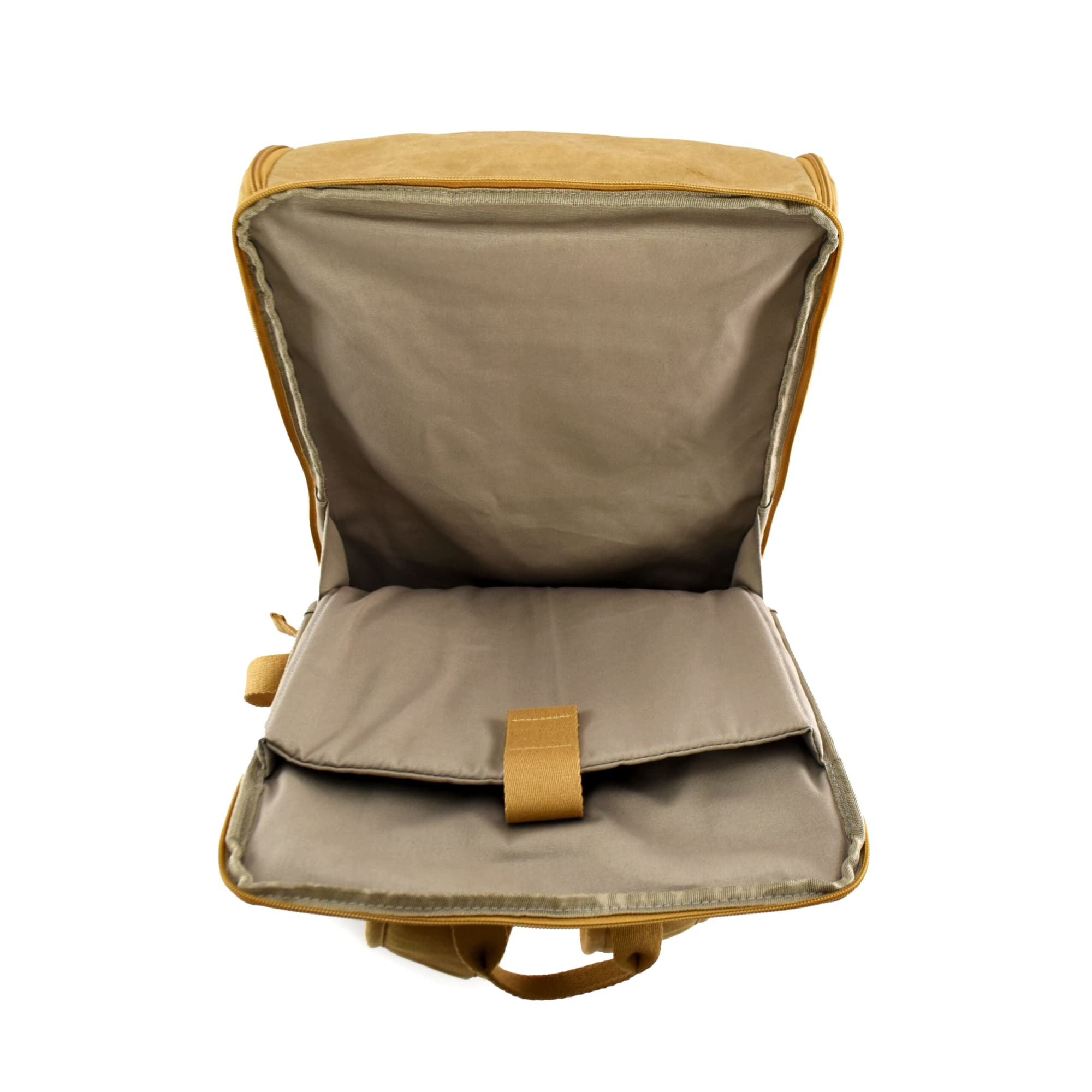 A tan backpack with a spacious interior and a single compartment, featuring a logo on the front.