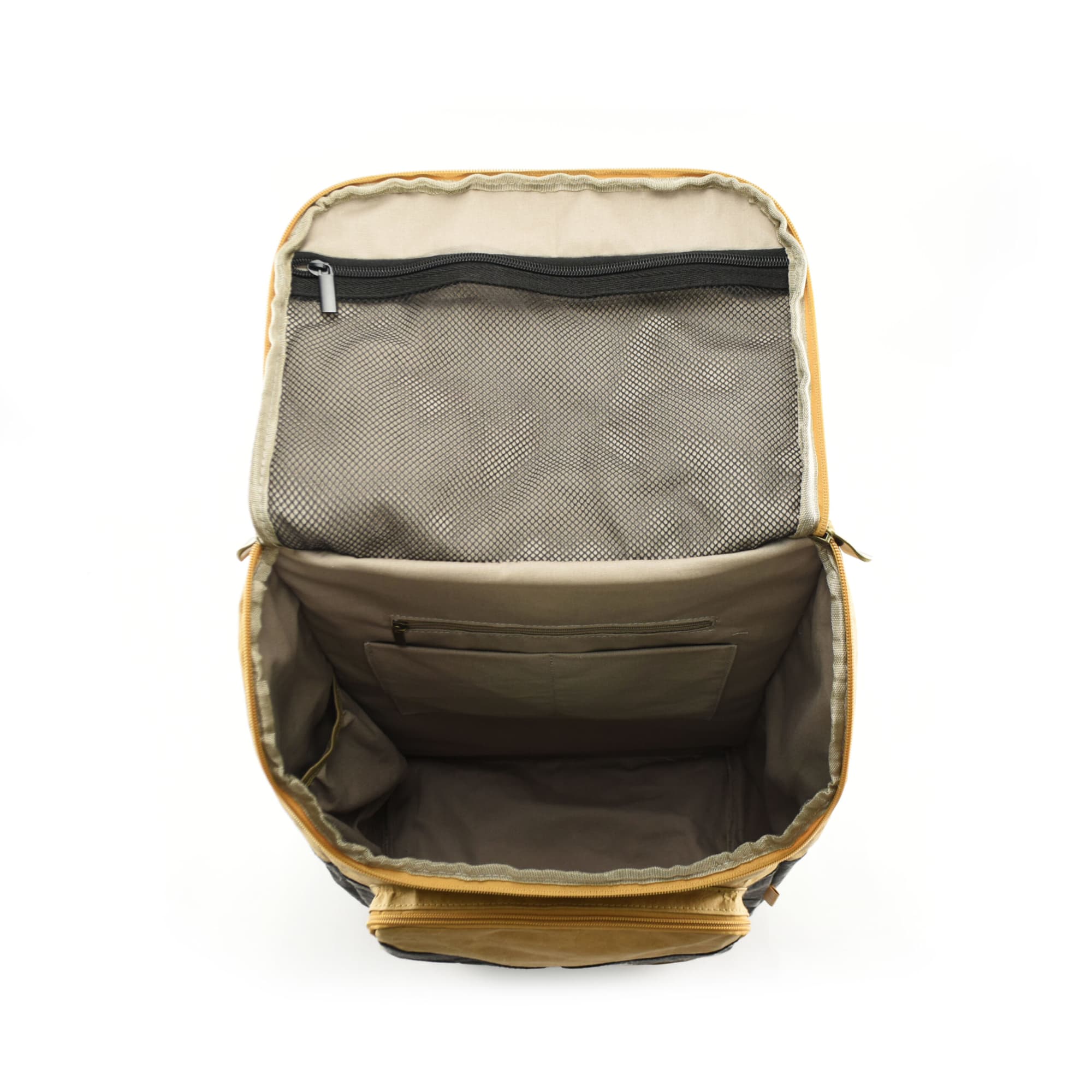 An open Tokyo Kraft Paper Laptop Backpack in yellow and brown, revealing its inner compartments and mesh pocket.