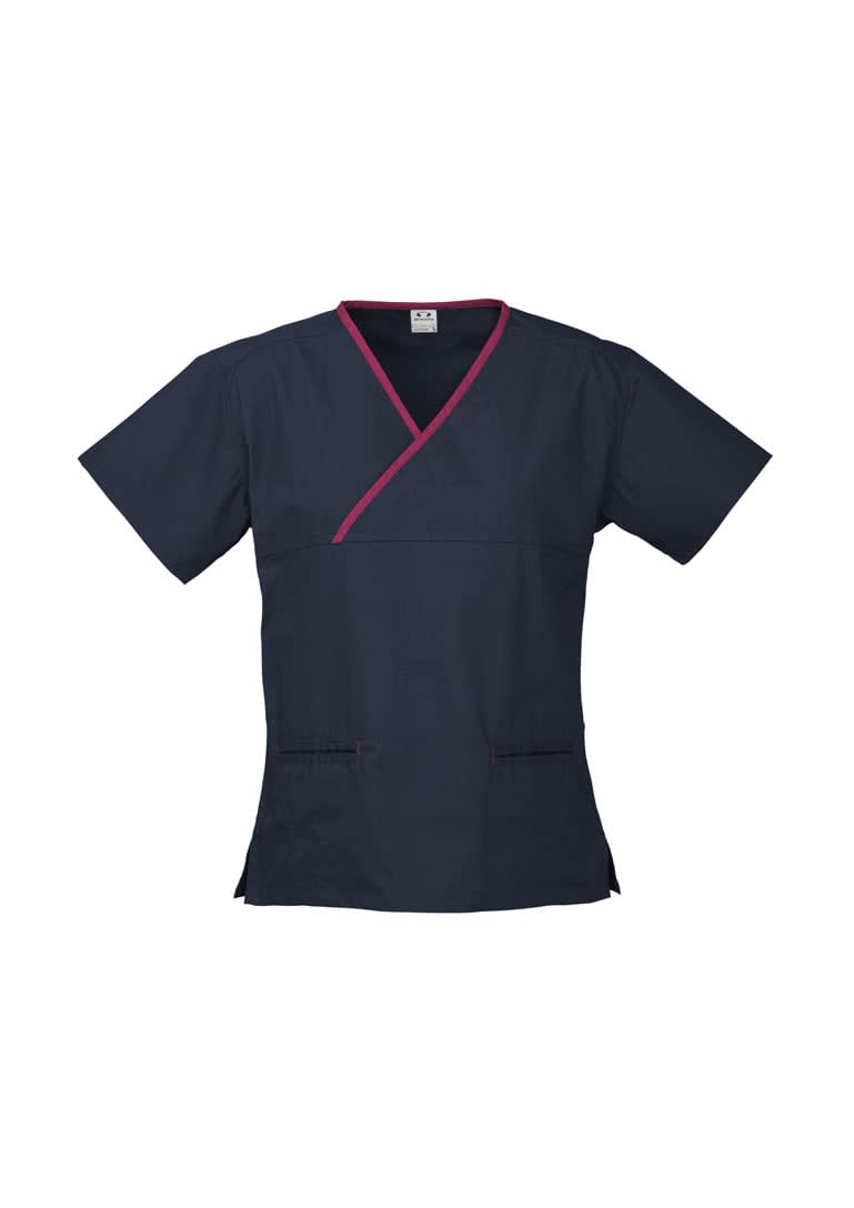 A navy scrub top with pink contrast trim, featuring short sleeves and two front pockets. It has a logo on the label.