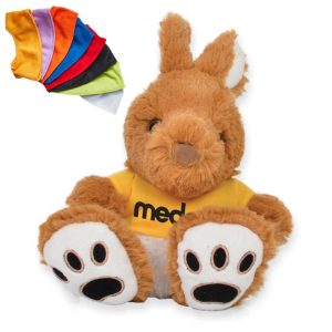 A plush kangaroo toy in brown with a yellow shirt and black branding, accompanied by colourful fabric accessories.
