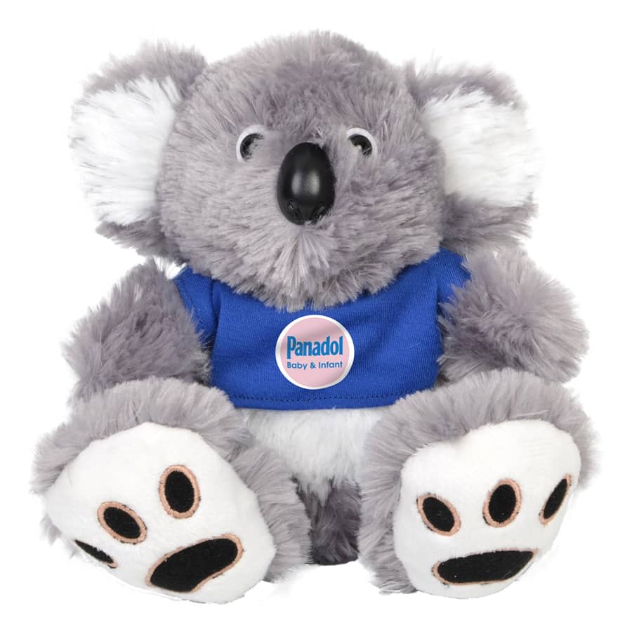 A grey plush koala with a blue shirt and white accents, featuring a small logo on the shirt.