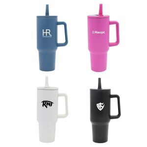A drink bottle set featuring four tumblers in navy blue, pink, white, and black, each with a straw and different logos.