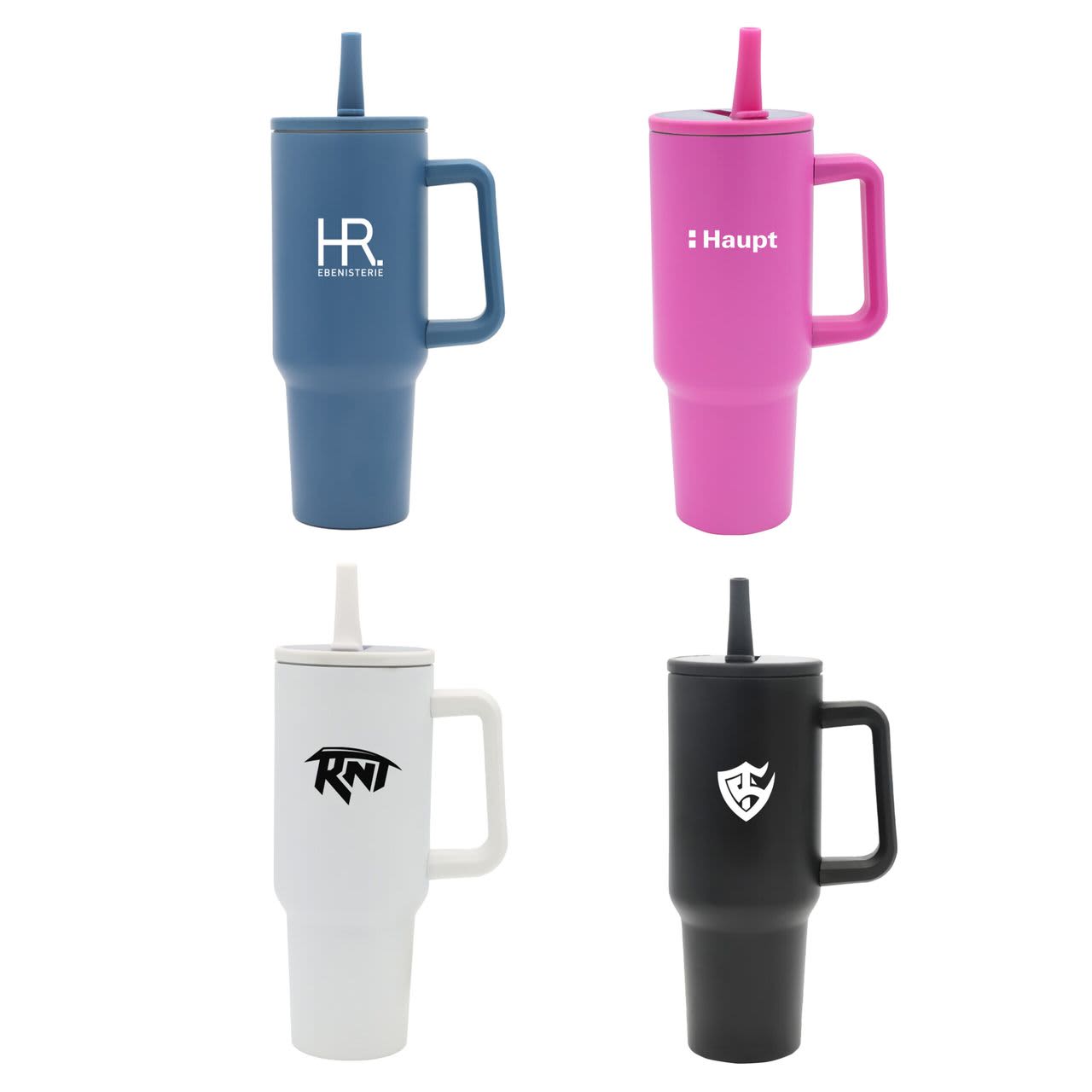 A drink bottle set featuring four tumblers in navy blue, pink, white, and black, each with a straw and different logos.