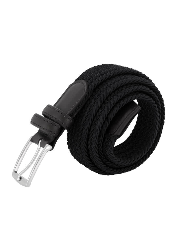 A black unisex casual belt made of woven material, featuring a sleek silver metal buckle.