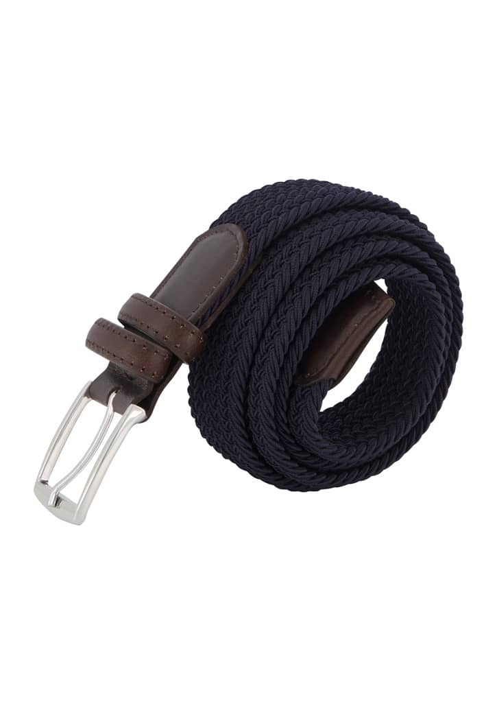A braided navy unisex casual belt with a brown leather strap and a silver buckle. It features a logo on the buckle.