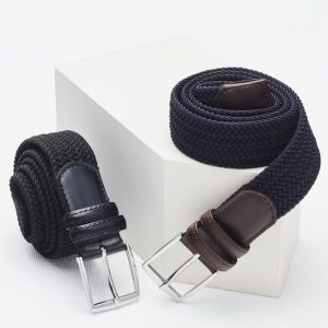 A unisex casual belt set featuring a black woven belt and a dark blue woven belt with silver buckles.