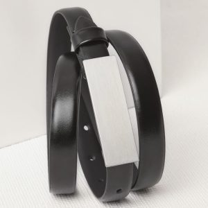 A black women's leather belt featuring a sleek, silver-tone buckle and a minimalist design.