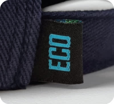 A navy cap with a tag featuring the word 