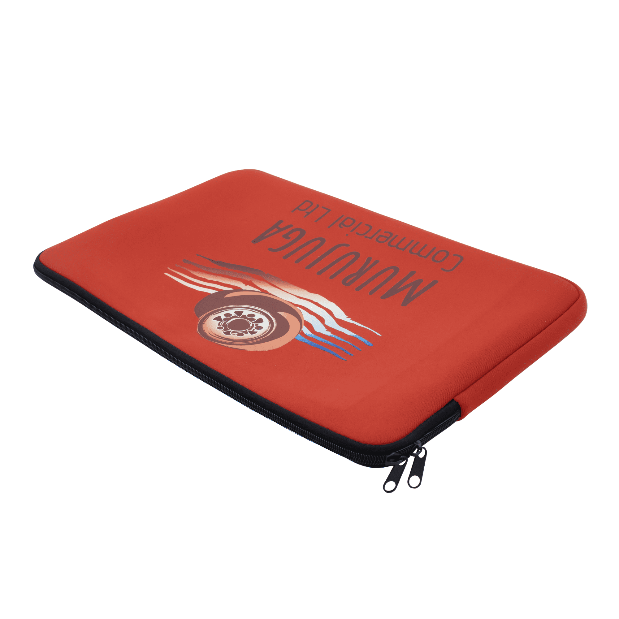 A red laptop sleeve with a zip closure and a logo, featuring a graphic design on the front.