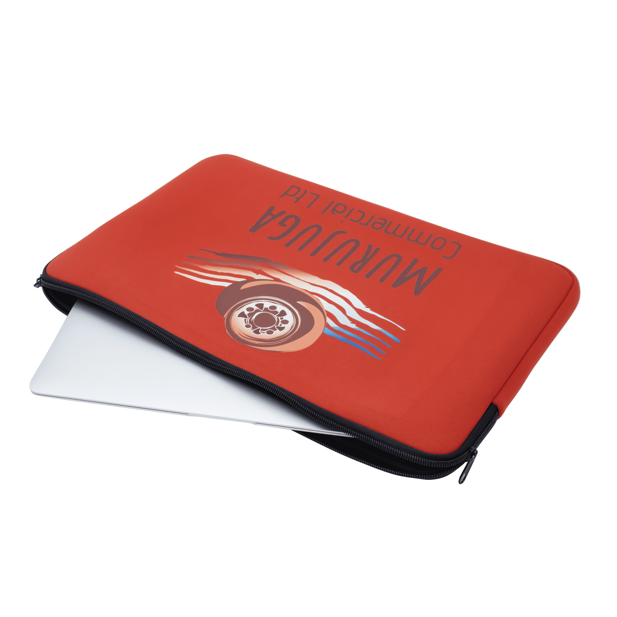 A red laptop sleeve with a design featuring stripes and a logo, accommodating a white laptop.