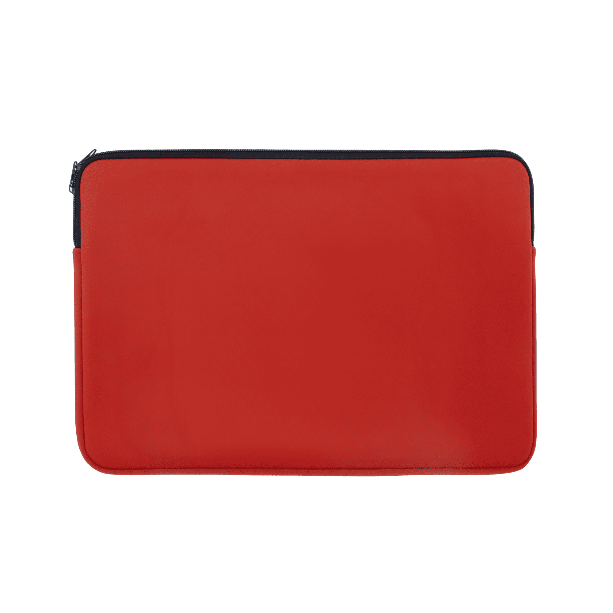 A red laptop sleeve with a black zip closure and a smooth exterior. It features a logo on the front.