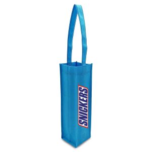 A blue non-woven single wine tote bag with a long handle and a logo.