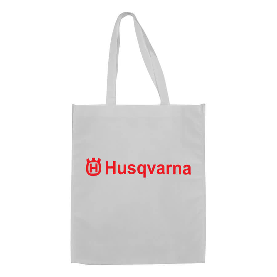 A large white shopping tote bag with a gusset and logo displayed prominently in red.