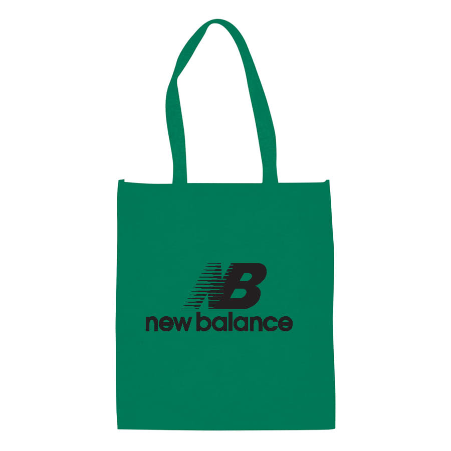 A large green shopping tote bag with dual handles and a logo on the front.