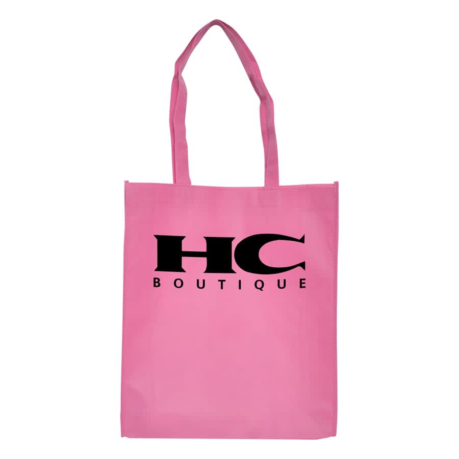 A pink shopping tote bag with a gusset and a logo featuring 