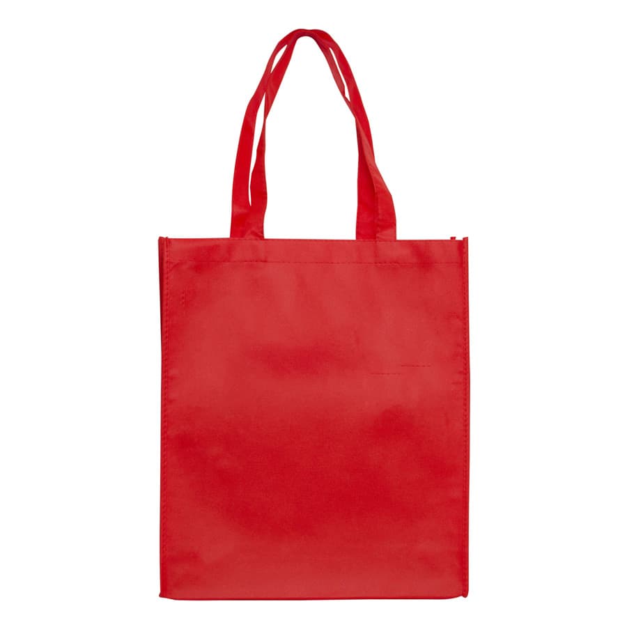A large red shopping tote bag with a gusset and two handle straps. It features a logo.