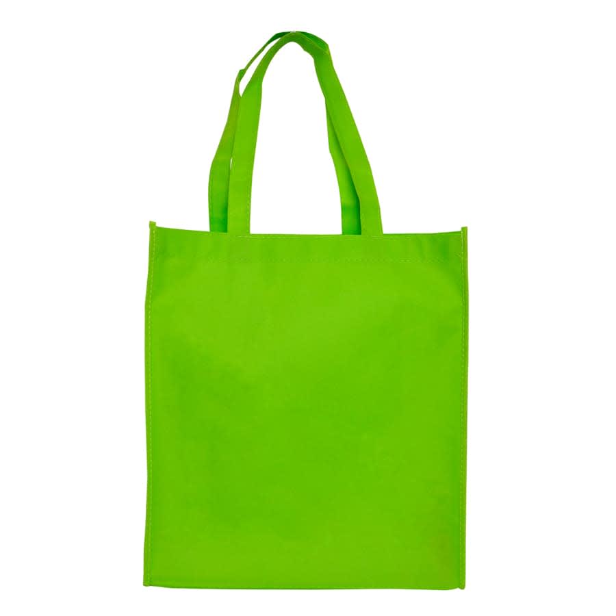 A bright green large shopping tote bag with dual handles and a gusset for added depth. It features a branding logo.