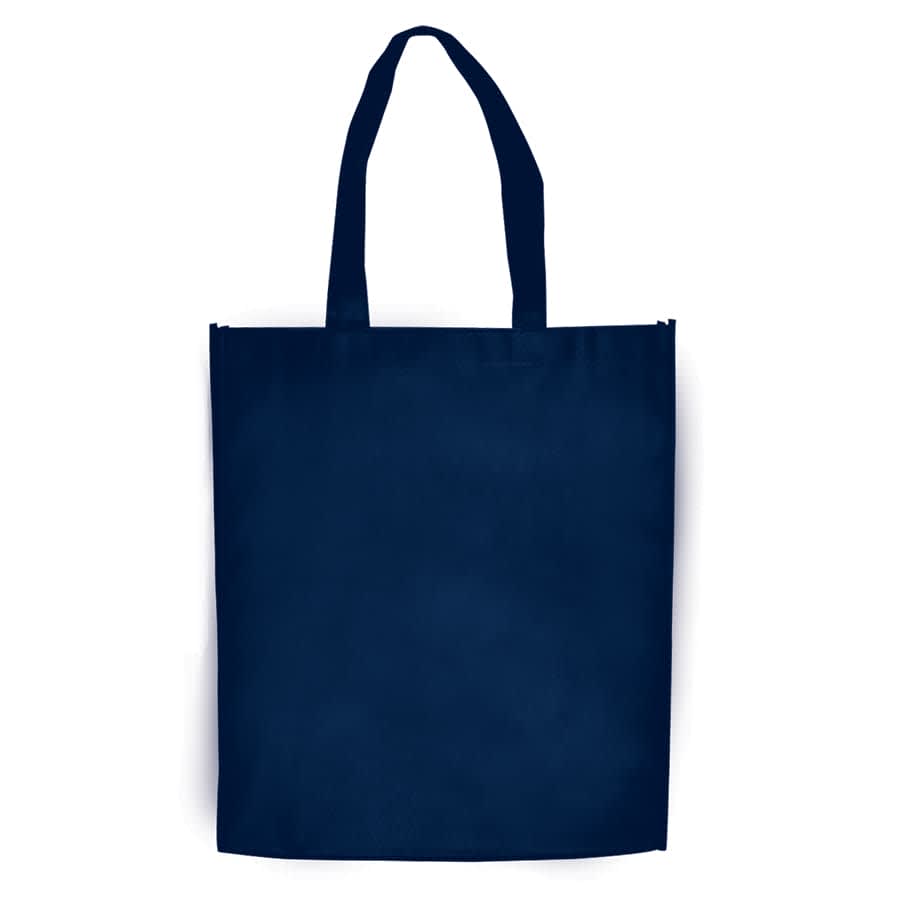 A navy blue large shopping tote bag with a gusset and two handles; features a logo.