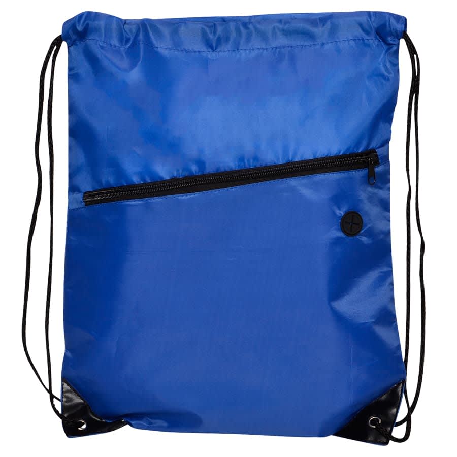 A blue drawstring bag featuring a zippered pocket and black accents, with a logo on the front.