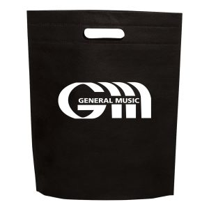 A black non-woven gift bag with a handle and a logo printed on the front.
