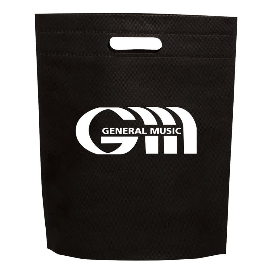 A black non-woven gift bag with a handle and a logo printed on the front.