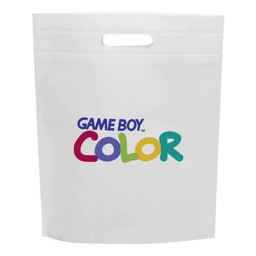 A white non-woven gift bag featuring a multicoloured logo and a top handle for easy carrying.