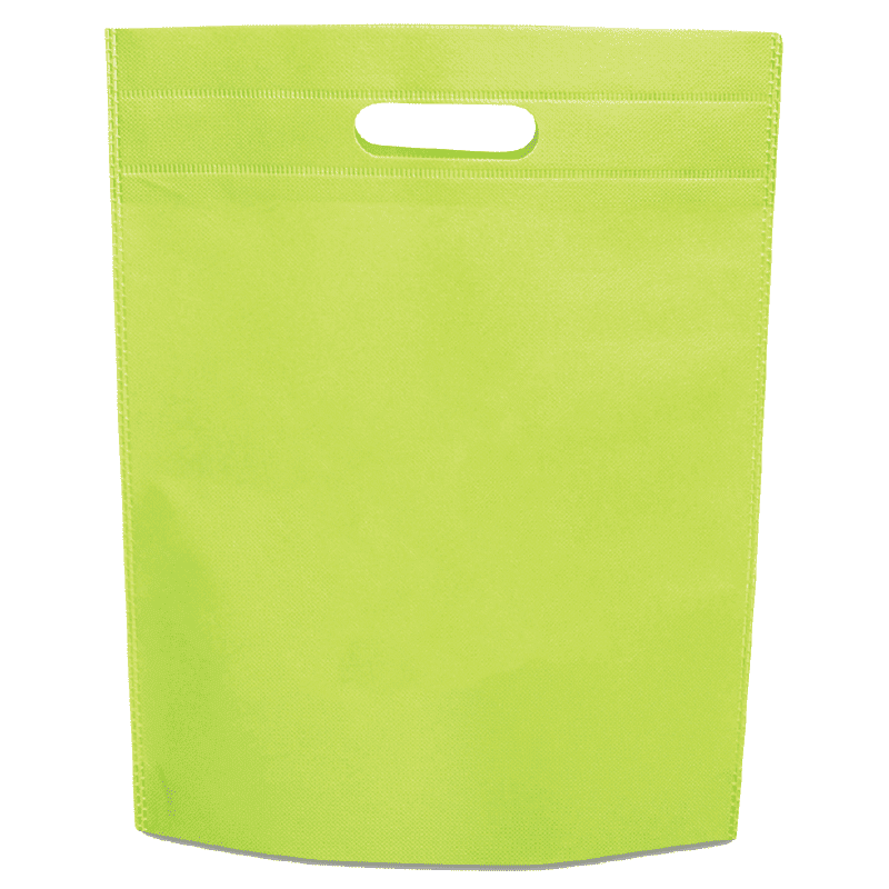 A bright green non-woven gift bag with a top handle and a smooth surface. It features a logo in the design.