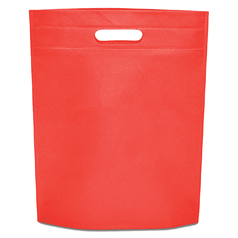 A red non-woven gift bag with a cut-out handle and a plain design, featuring branding on the surface.