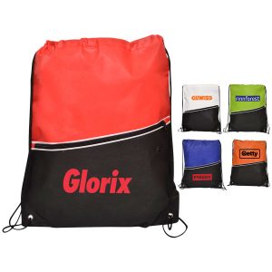 A red and black non-woven drawstring bag featuring a logo and multiple other colour options displayed.