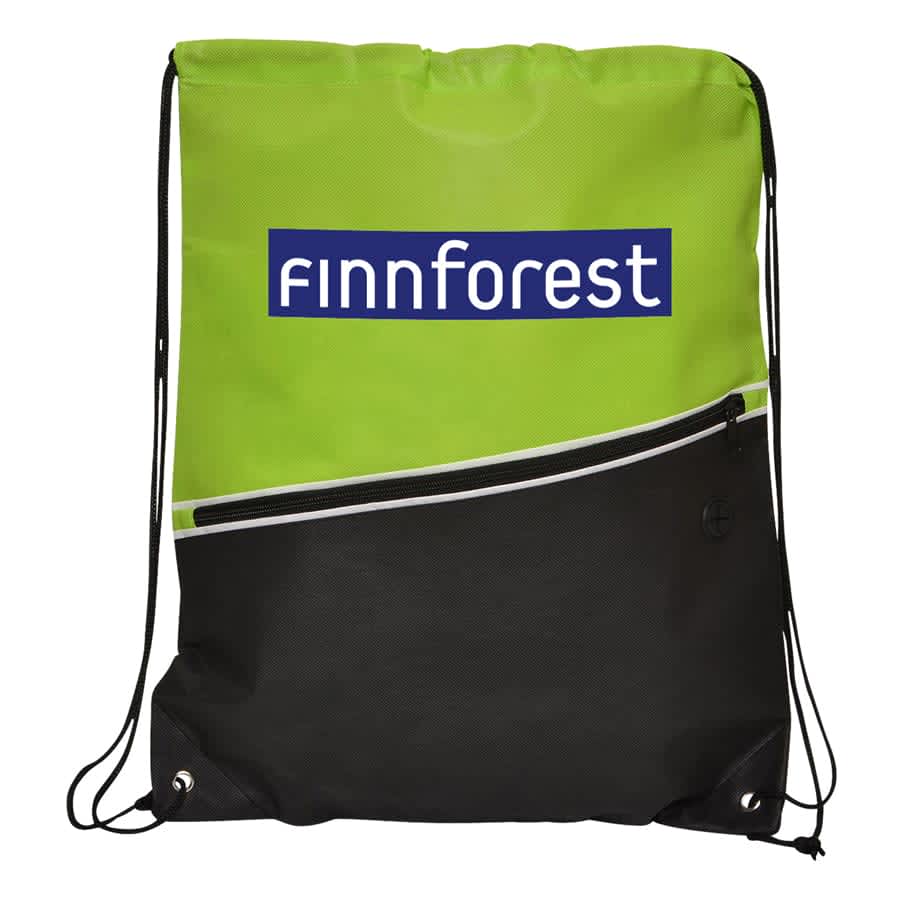 A green and black non-woven drawstring bag featuring a front zip pocket and a logo.
