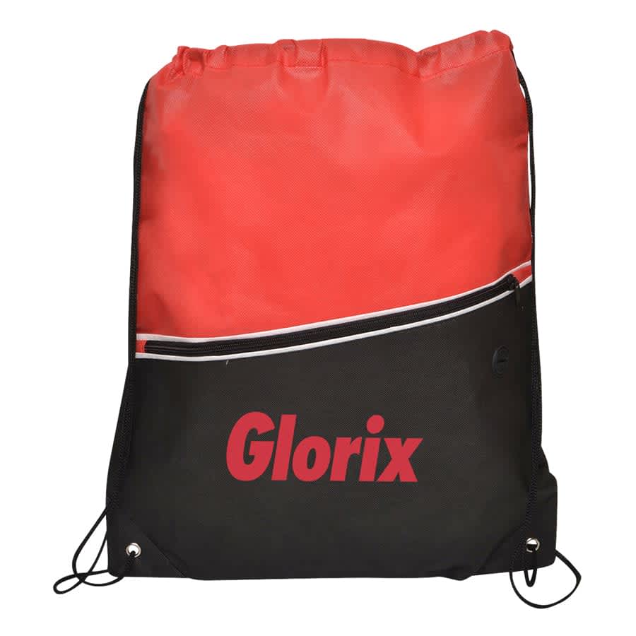A red and black non-woven drawstring bag featuring a logo and adjustable drawstrings.