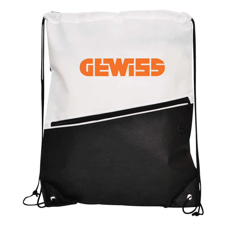 A non-woven drawstring bag in white and black with an orange logo on the front and a zippered pocket.