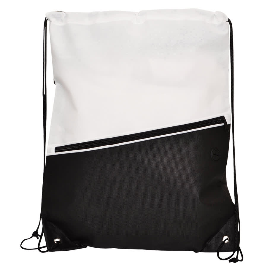 A non-woven drawstring bag in white and black with a zippered pocket and a logo.