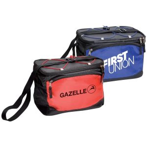 A 6-can cooler bag in black with red and blue accents, featuring zippers and a shoulder strap. Each bag has a logo.