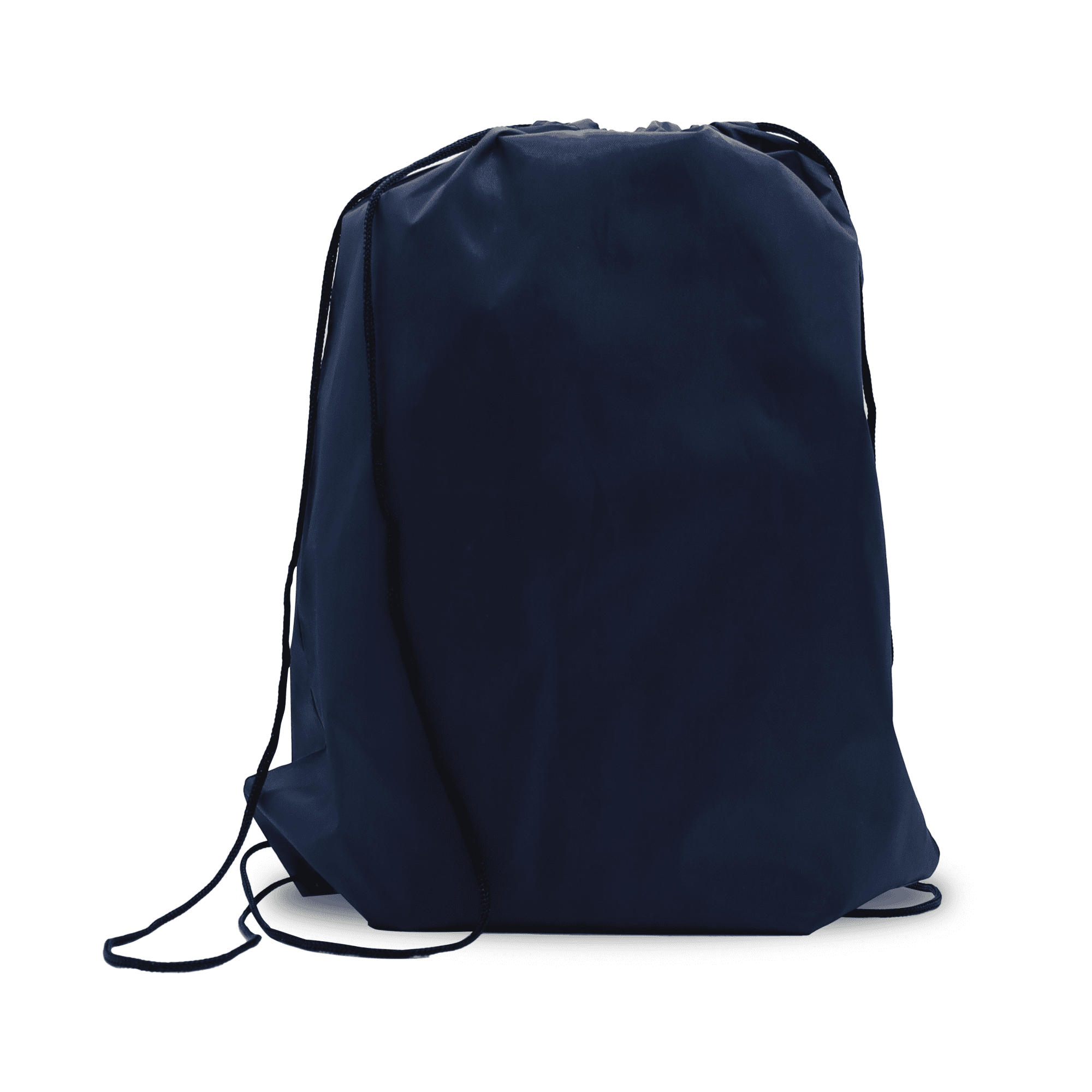 A navy gym drawstring bag with black cords for closure, featuring a simple and functional design.