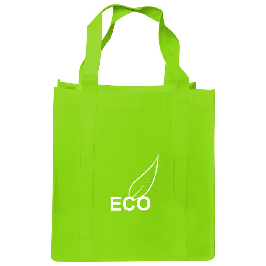 A bright green shopping tote bag with a gusset and a logo featuring a leaf design.