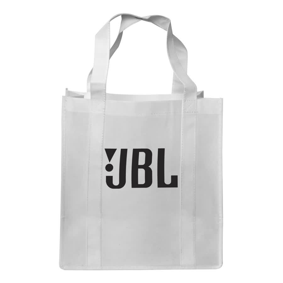 A white shopping tote bag with a gusset and a logo printed on the front.