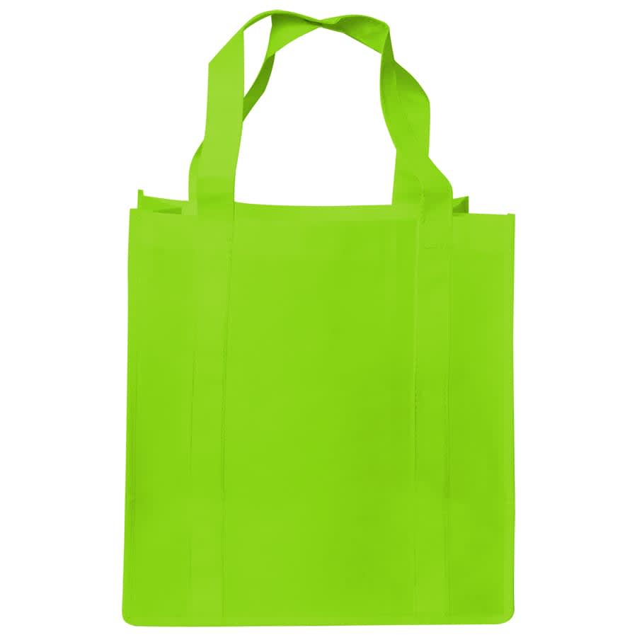 A bright green shopping tote bag with gusset and two sturdy handles, featuring a logo.