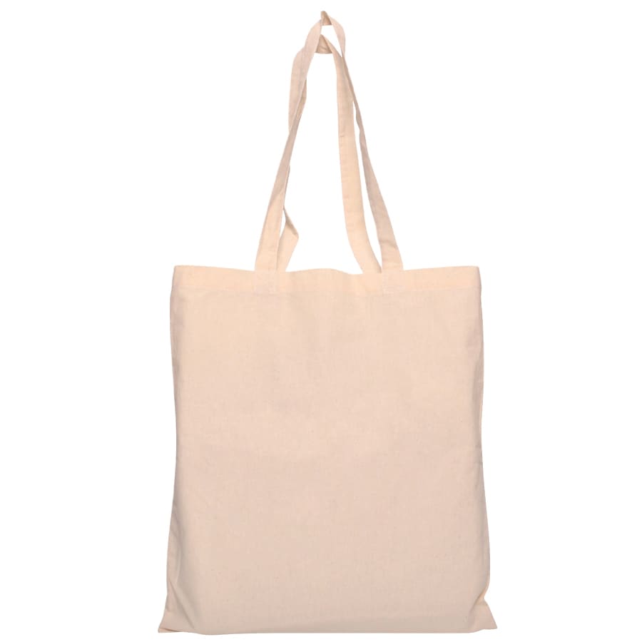 A calico tote bag in a light beige colour with long, sturdy handles. It features a logo on one side.